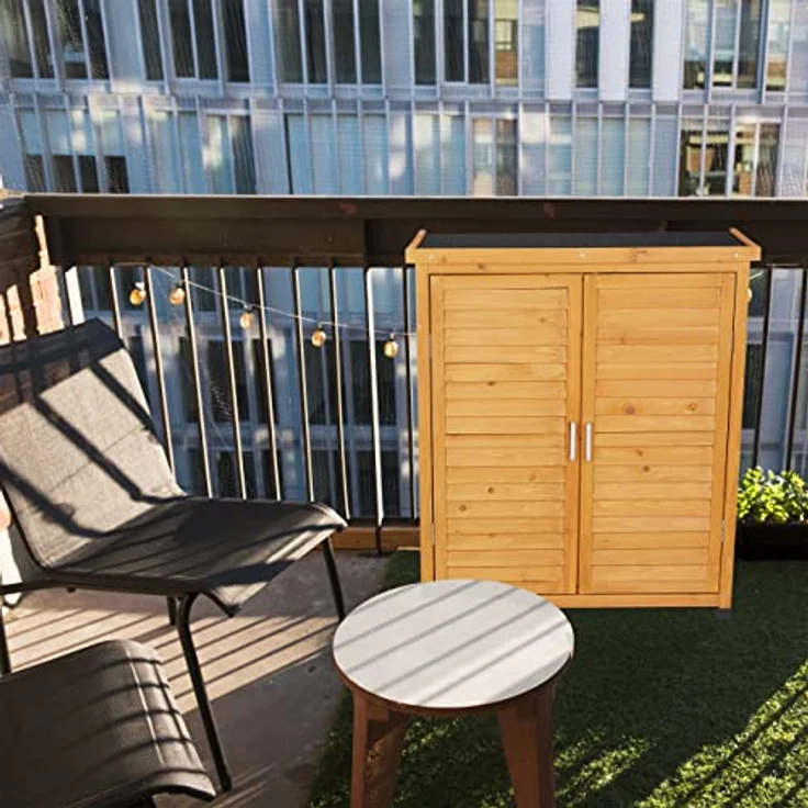 Relaxdays Gartenschrank, 3 Fächer, Flachdach mit Neigung, Doppeltür, HBT: 97 x 86,5 x 47 cm, Werkzeugschrank Holz, Natur – Bild 5