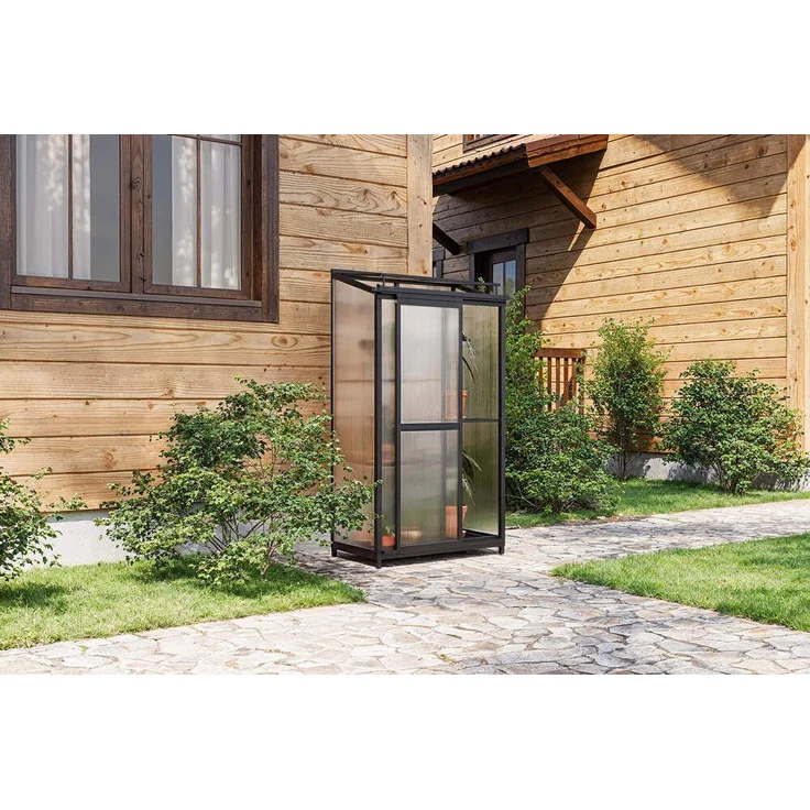 OUTFLEXX Gewächshaus Verde Smart, Balkon-Gewächshaus aus Aluminium und UV-beständigem Polycarbonat, schwarz, ca. 91 x 51 x 166 cm, mit rollbaren Standfüßen und mehreren Ablageflächen