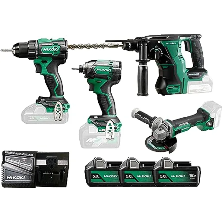 HiKOKI KC18DEWHZ Combo-Kit, 4-teiliges Akku-Set mit Bohrschrauber, Schlagschrauber, Winkelschleifer und Bohrhammer, 18V Brushless Motor, 3 Akkus und Ladegerät in stabiler Transporttasche