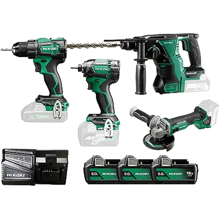 HiKOKI KC18DEWHZ Combo-Kit, 4-teiliges Akku-Set mit Bohrschrauber, Schlagschrauber, Winkelschleifer und Bohrhammer, 18V Brushless Motor, 3 Akkus und Ladegerät in stabiler Transporttasche – Bild 1