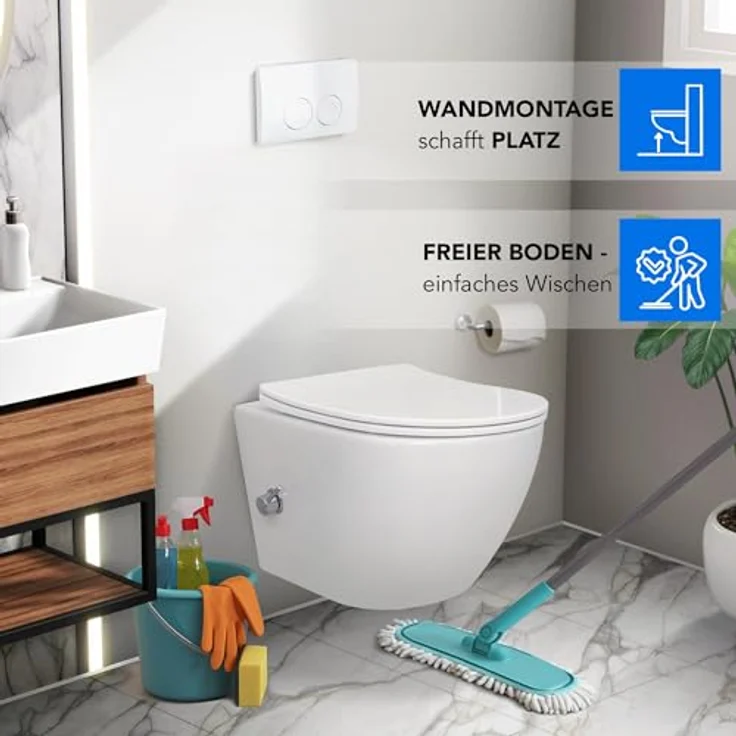 Aloni Tiefspül-WC AL55800+AL0411, Spülrandloses Taharet Dusch WC inkl. Armatur + Sitz Toilette - Keramik in Weiß – Bild 3