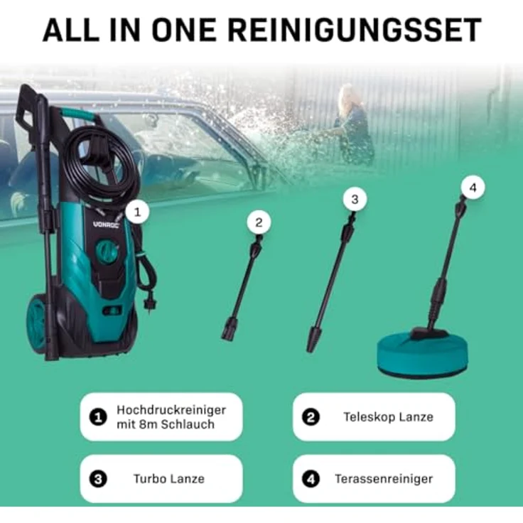 VONROC Hochdruckreiniger V18-2, 140 bar, 1800 W mit Reinigungsmitteltank und 8 m Schlauchlänge – Bild 3