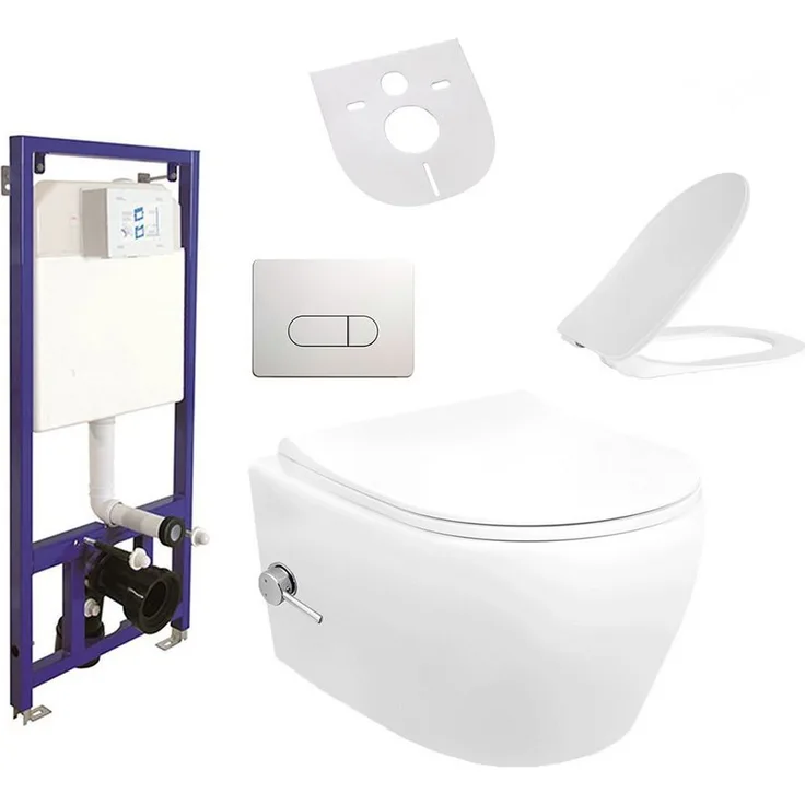Aloni Tiefspül-WC AL55800Komplett, Hänge WC Spülrandlos Integrierte Kalt/-Warmwasserarmatur Deckel, weiß