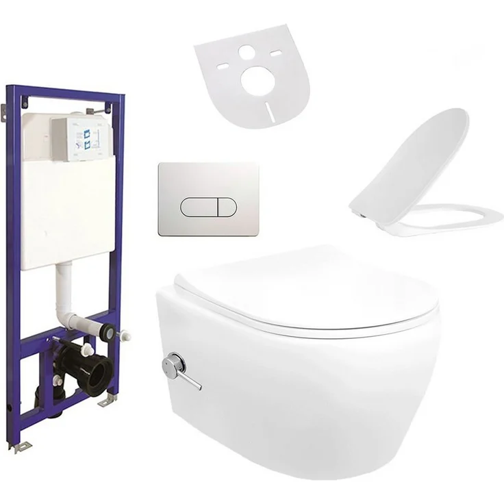 Aloni Tiefspül-WC AL55800Komplett, Hänge WC Spülrandlos Integrierte Kalt/-Warmwasserarmatur Deckel, weiß