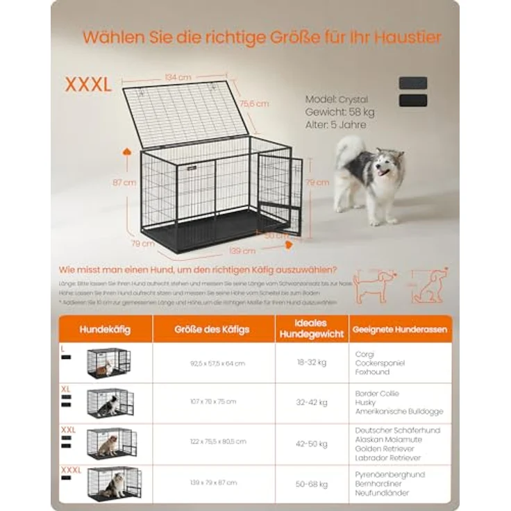 Feandrea Hundekäfig hochbelastbar, XXXL, tintenschwarz - transportabler Haustierkäfig mit 2 abnehmbaren Türen – Bild 4