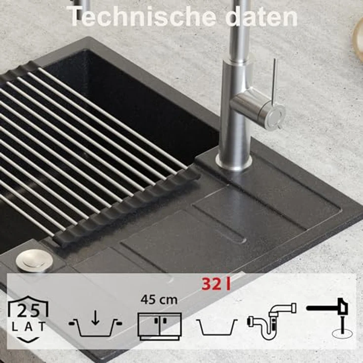QUADRON MORGAN 116 Granit Küchenspüle, Einzelbecken mit Abtropffläche, 62 x 50 x 22 cm, Farbe: Weiß & Stahl, stoß- und kratzfest, fleckenbeständig, hygienisch und pflegeleicht – Bild 2