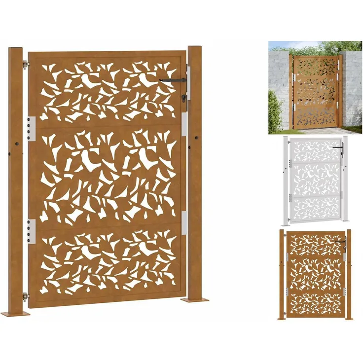 vidaXL Gartentor 105x130 cm Rostiger Wetterfester Stahl Blatt-Design Abschließbar