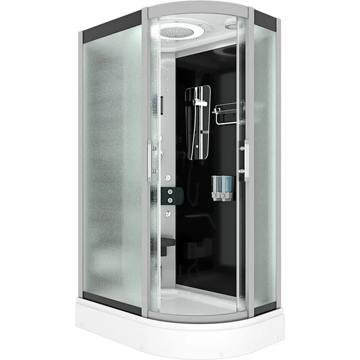 AcquaVapore D60-73M2R-ALL Dampfdusche, Schwarz, 80x120 cm, mit Sicherheitsglas ESG, Höhenverstellbar, LED-Beleuchtung, Spiegel, und integriertem Klappsitz