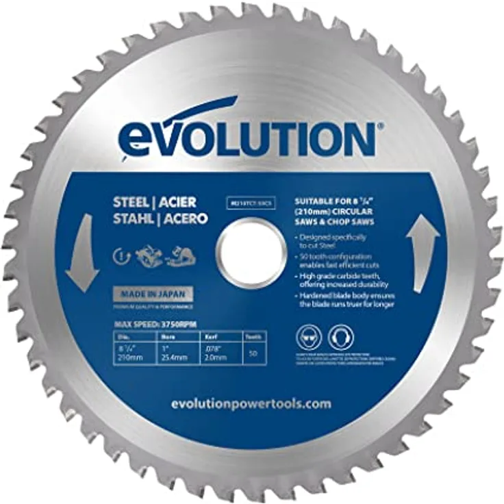 Evolution M210TCT-50CS - 210 mm Sägeblatt zum Schneiden von Baustahl - Metall-Sägeblatt mit 50 Zähnen und Hartmetallbestückung erzeugt praktisch keine Hitze, Grate oder Funken