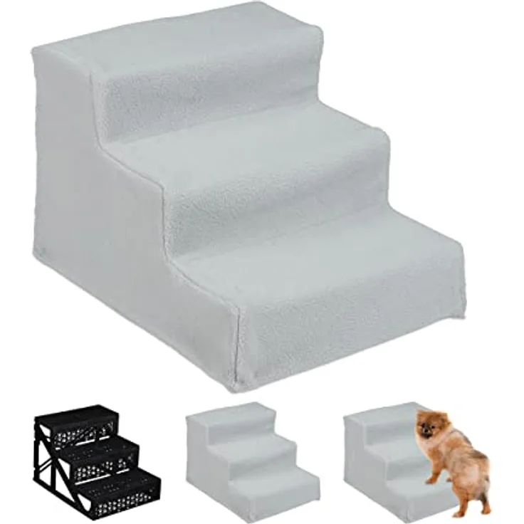 Relaxdays Hundetreppe 3 Stufen, kleine & große Hunde, Bett & Couch, Stoffbezug, Tiertreppe innen, HBT 30x35x45 cm, grau, 1 Stück