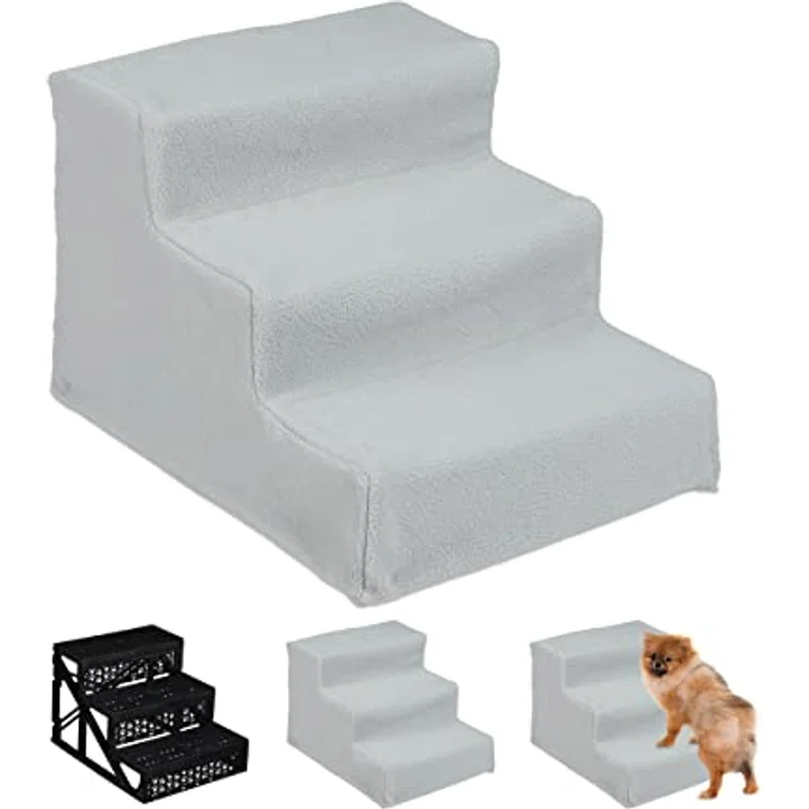 Relaxdays Hundetreppe 3 Stufen, kleine & große Hunde, Bett & Couch, Stoffbezug, Tiertreppe innen, HBT 30x35x45 cm, grau, 1 Stück – Bild 1