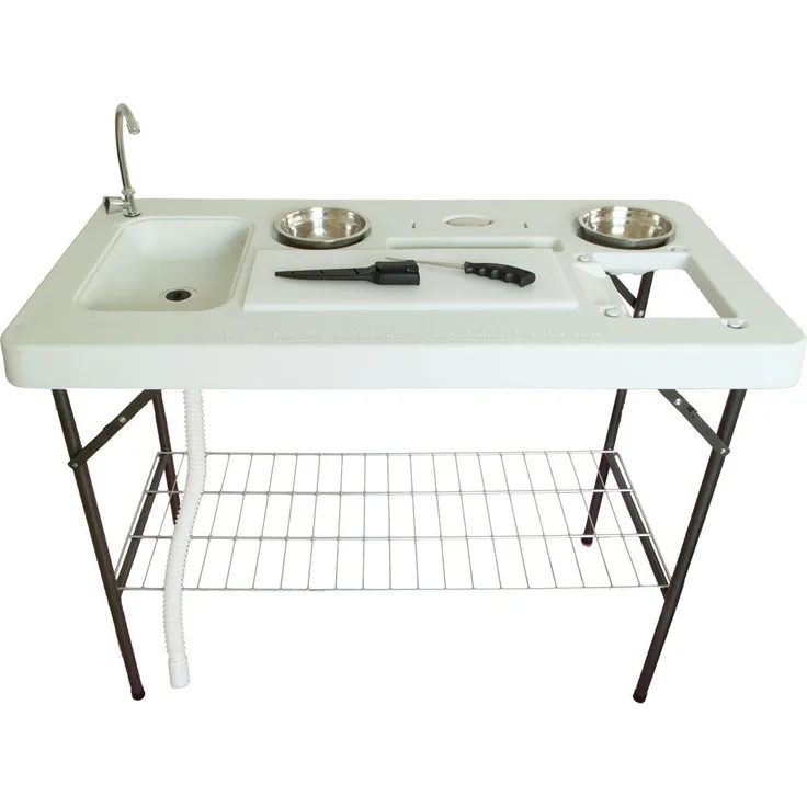 Lemodo Kunststoffspüle Filetiertisch mit Spüle und Zubehör, Gartenspüle, Campingspültisch, klappbar, 126,5/65 cm, weiß, inkl. Filetiermesser und Edelstahl-Seife