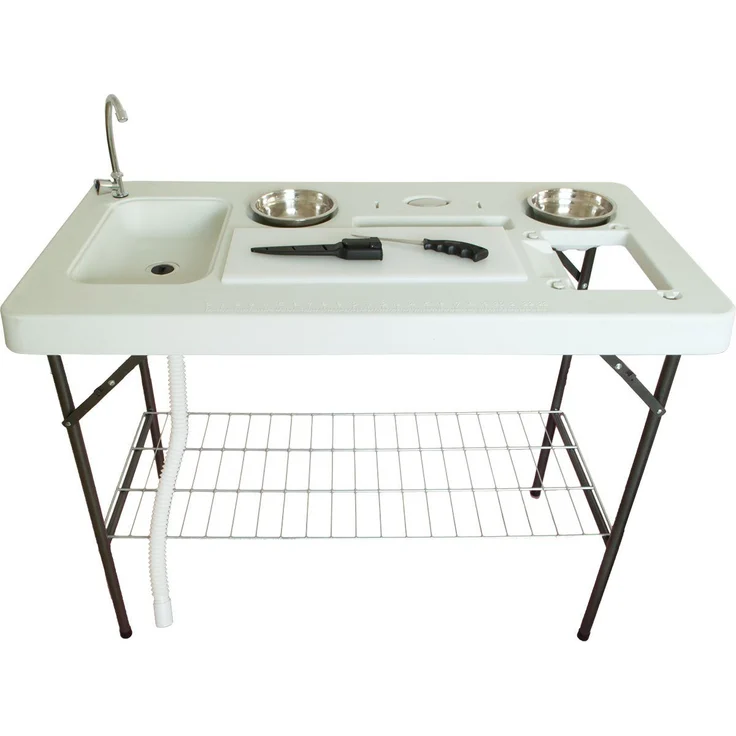 Lemodo Kunststoffspüle Filetiertisch mit Spüle und Zubehör, Gartenspüle, Campingspültisch, klappbar, 126,5/65 cm, weiß, inkl. Filetiermesser und Edelstahl-Seife – Bild 1