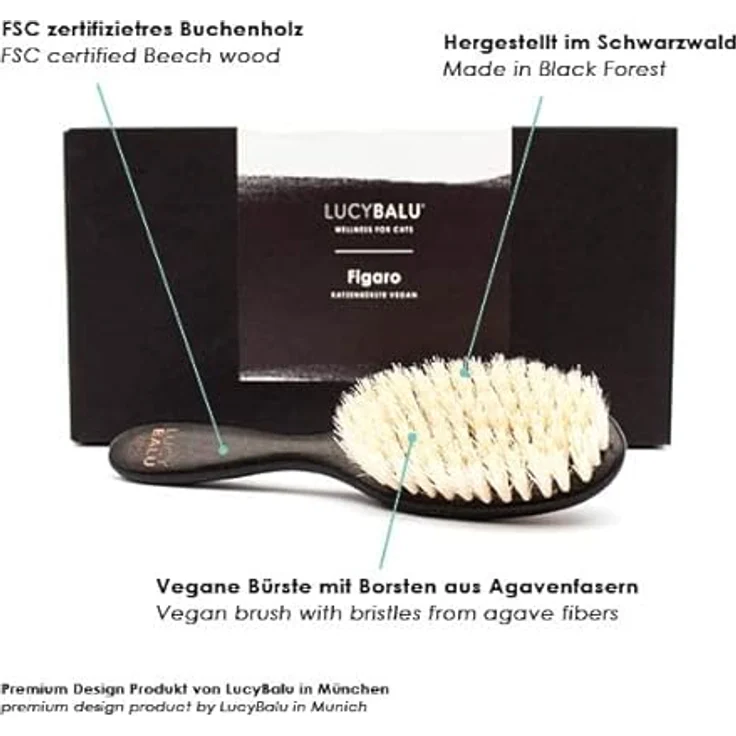 LucyBalu® Katzenbürste Kurzhaar & Langhaar | Fellbürste für Katzen| Katzenkamm zur Fellpflege von Katzen | Tierhaarbürste für Katzen | Katzenhaarbürste mit Agavenfaserborsten & Holzgriff Vegan schwarz – Bild 2