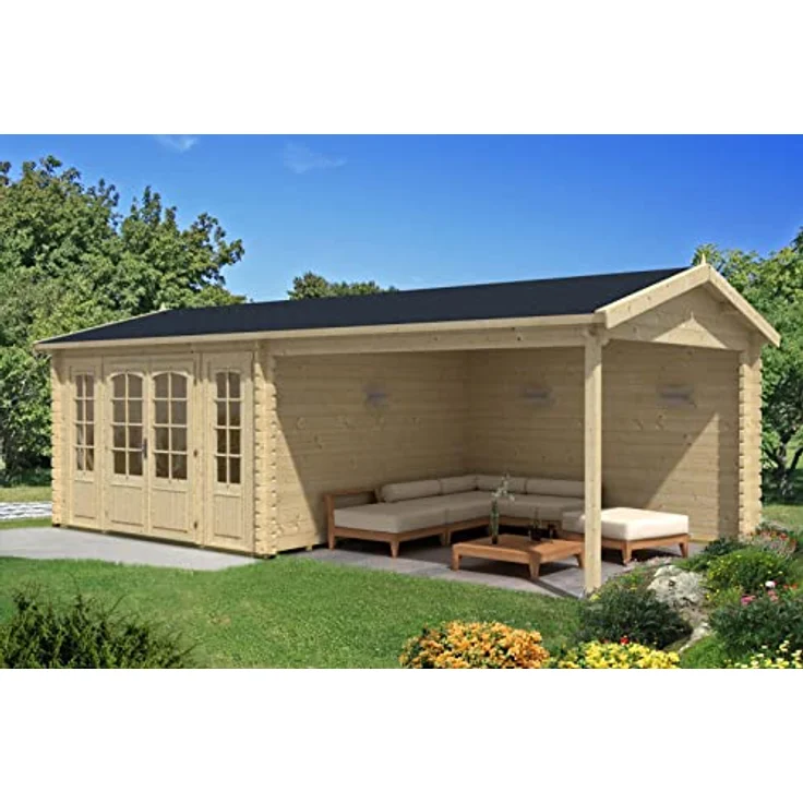 Alpholz Gartenhaus Freiburg-44 aus Massiv Holz, Freizeithaus, Blockhaus 44 mm Wandstärke, Garten Holzhaus mit Fussboden, Terrasse, Überdachung, Sitzecke 755 x 399 cm mit Doppeltür – Bild 3