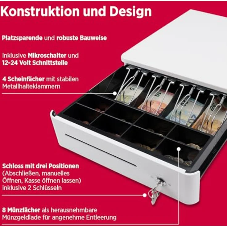 Olympia S 330 Kassenlade, Geldkassette mit 8 Münzfächern, 4 Scheinfächern, Mikroschalter, Farbe Weiß – Bild 6