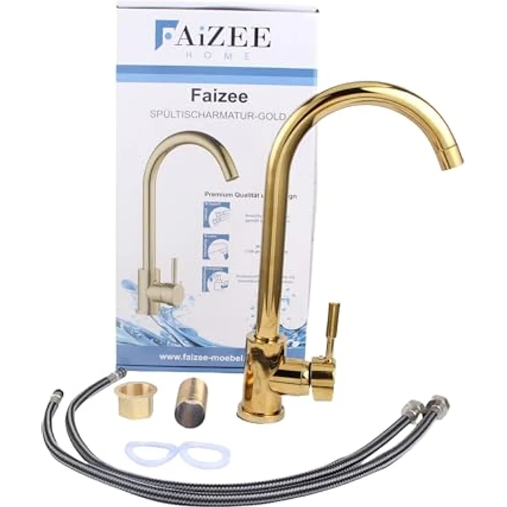 Faizee Möbel Granitspüle 48x50 +Armatur Gold, eckig, 48/50 cm - Hitzebeständig, langlebig, grau – Bild 5