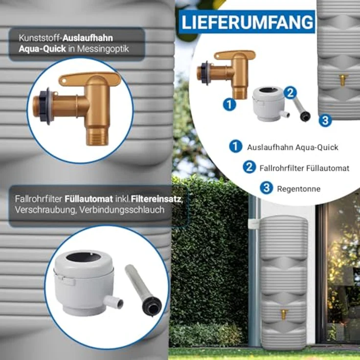 4rain Quadro Regentonne Komplett-Set 170 Liter betongrau - Effiziente Regenwassersammlung, schlanke Bauweise, langlebig und UV-beständig – Bild 4