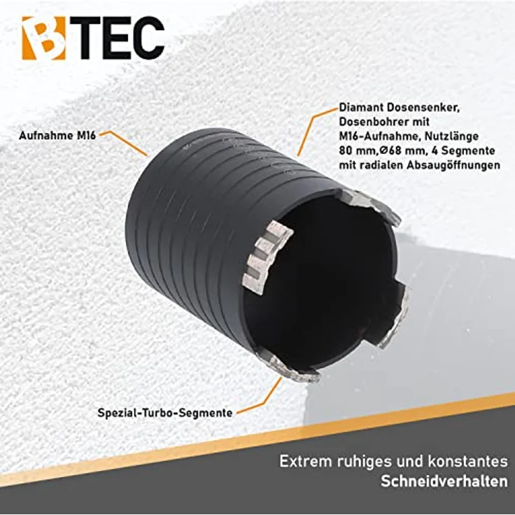 BTEC – Diamant Dosensenker 68 mm mit M16-Aufnahme + 80 mm Nutzlänge – Dosenbohrer für Mauerwerk, Kalksandstein, Ziegel, Poroton, Putz uvm. – Diamant Bohrkrone – Bild 3