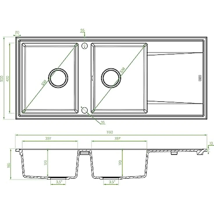 KOLMAN Granitspüle 50x116 Megalo Spülbecken Doppelbecken mit langer Abtropffläche, Space Saving Siphon (Schwarz) – Bild 4