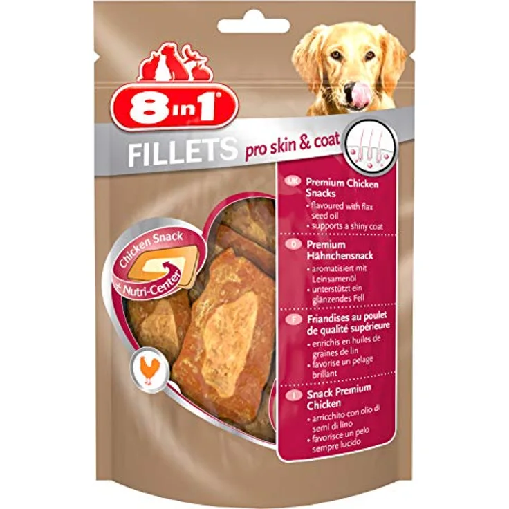 8in1 Fillets Pro Skin & Coat Hunde-Snack mit Hähnchen, funktionale Leckerlis für Hunde, aromatisiert mit Leinsamenöl, 80 g Beutel