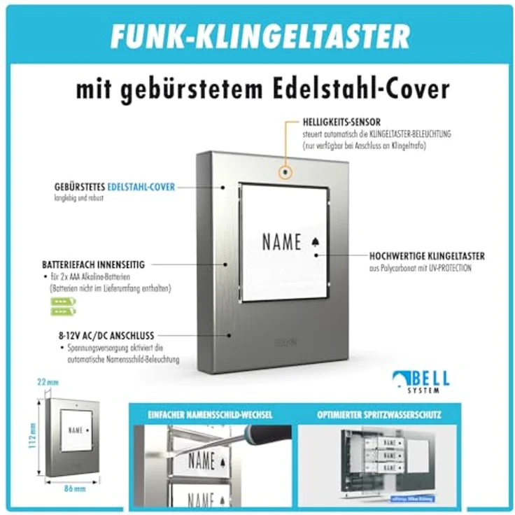 m-e Funkklingel BELL-571, kabellose Edelstahl gebürstete Türklingel mit Sender und Empfänger, 300 Meter Reichweite, 16 Klingeltöne, spritzwassergeschützt IP44 – Bild 5