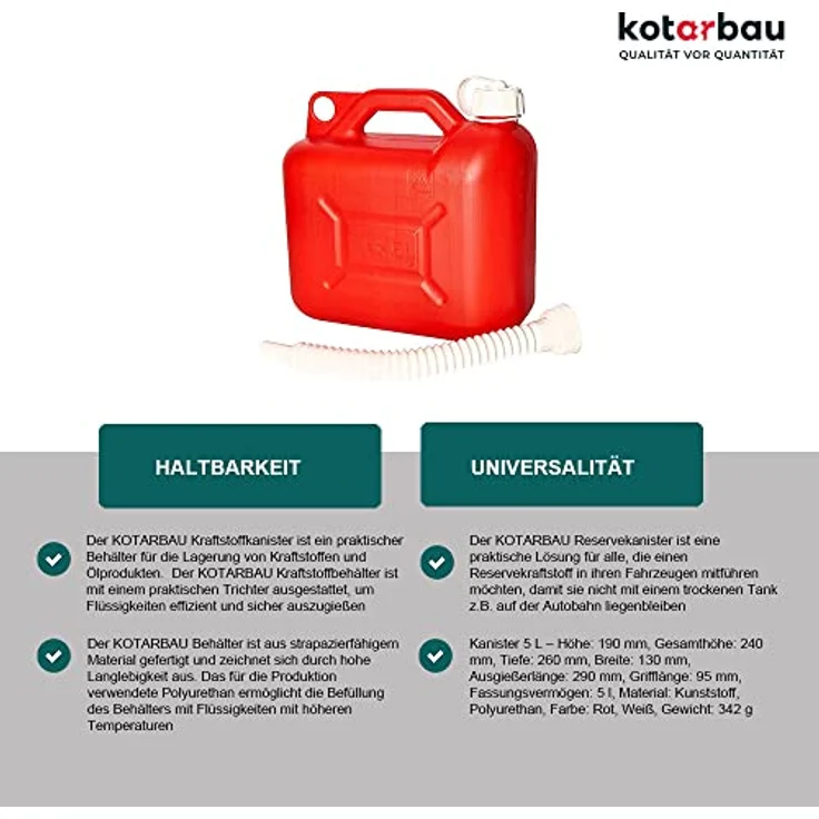 KOTARBAU® Benzinkanister aus Kunststoff, 5L mit Ausgießer, rot/weiß, für alle Kraftstoffarten, strapazierfähig und langlebig – Bild 2
