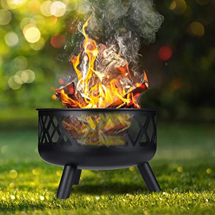 Relaxdays Feuerschale mit Funkenschutz, Ø 62 cm, mit Schürhaken, Garten, Terrasse, Outdoor Feuerstelle, Stahl, schwarz – Bild 2