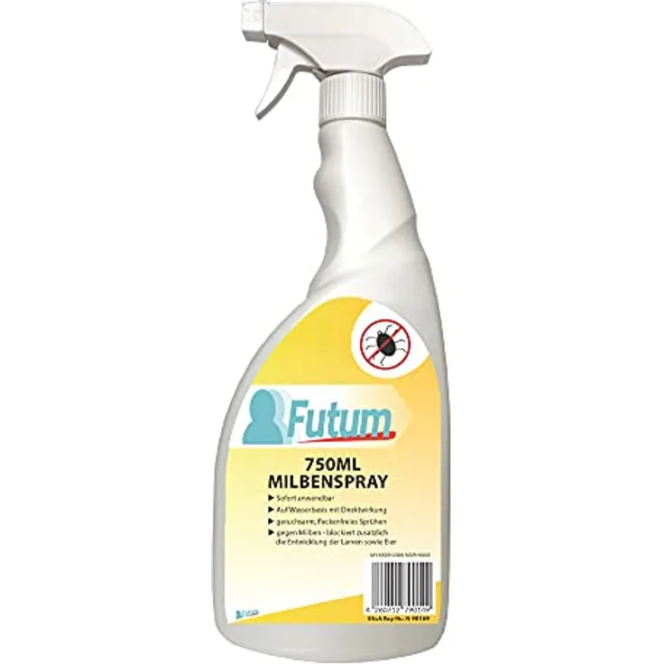 Futum 750ml Milbenspray, Hochwirksam gegen Eier auf Wasserbasis, fleckenfrei, geruchlos, mit Schnell- & Langzeitwirkung