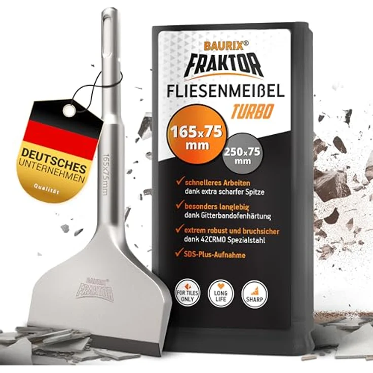 BAURIX® Fliesenmeißel SDS Plus 165x75 mm – Abgewinkelter Flachmeißel aus 42CrMo-Stahl mit bruchsicherem Schaft für müheloses Entfernen von Fliesen und Fliesenkleber – Bild 1