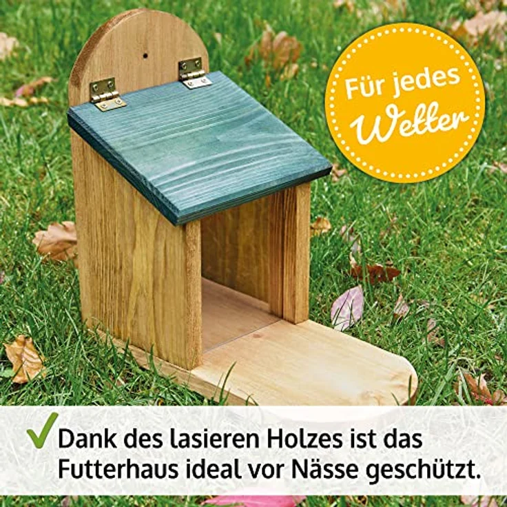 Zooprinz Eichhörnchenkobel Futterstation aus Premium Vollholz mit Plexiglas, Klappdach, große Sitzplattform, wetterfest, 26.5 cm hoch – Bild 6