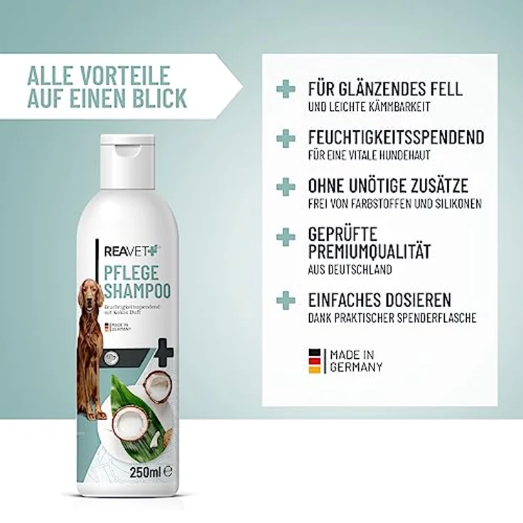 ReaVET Hundeshampoo mit Kokosöl 250ml – Pflegeshampoo Kokos für Hunde, Vitale Haut, Fellglanz, Kämmbarkeit, Shampoo Hund, natürliche Inhaltsstoffe – Bild 2