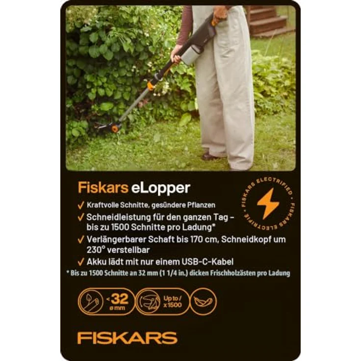 Fiskars Akku-Teleskop-Astschere Bypass, Sologerät für Äste bis 32 mm Durchmesser, ohne Akku und Ladegerät – Bild 3