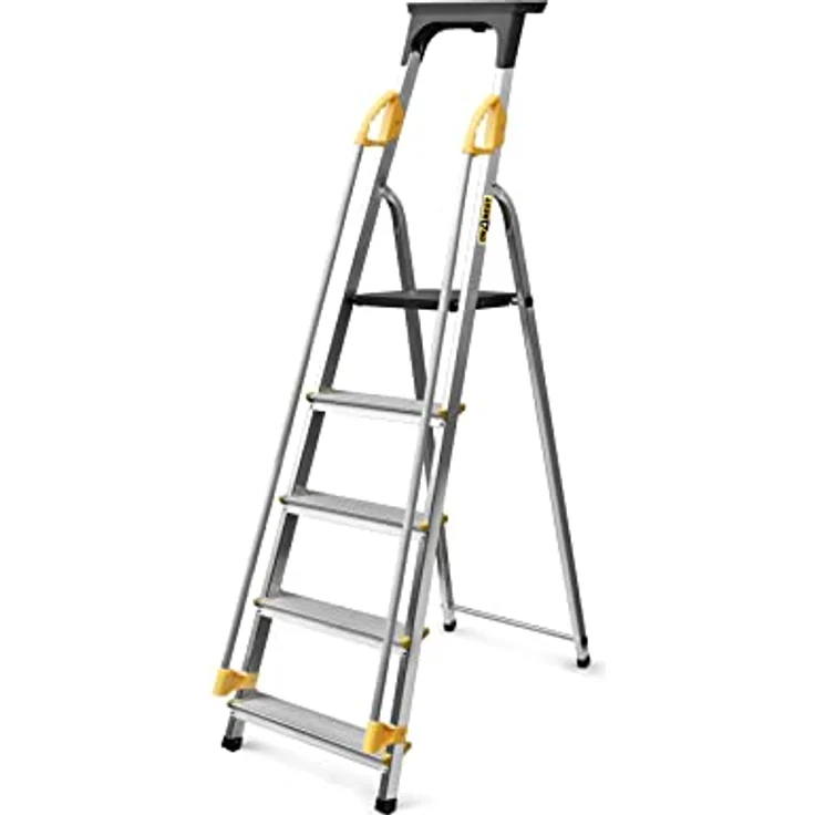 DRABEST Leiter PRO Serie Leiter Klappbar mit Sicherheits Handläufen Alu Klaptritt 5 Stufen Trittleiter bis 150 kg belastbar – Bild 1