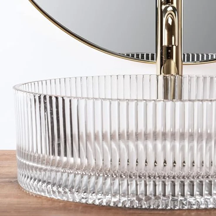 wohnwerk.idee Aufsatzwaschbecken Glaswaschbecken Ingrid Ø39,5 Schwarz Grau Weiß rund, modernes Design mit gerippter Oberfläche und luxuriösem goldfarbenen Wasserhahn – Bild 6