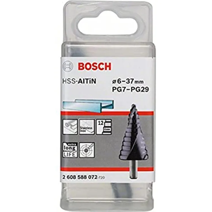 Bosch HSS Stufenbohrer 6-37 mm, PG7-PG29, AlTiN-Beschichtung, Gesamtlänge 93 mm, optimale Spangutentfernung