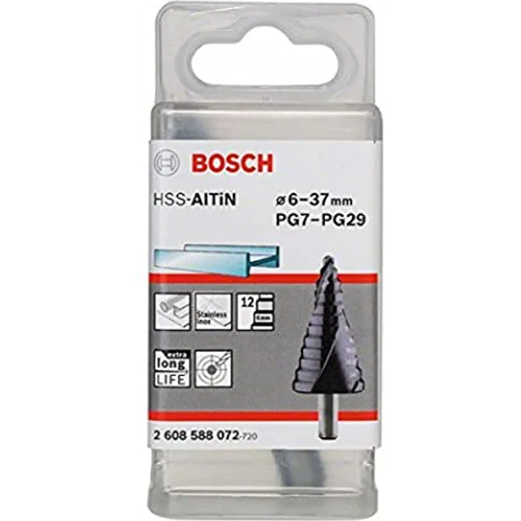 Bosch HSS Stufenbohrer 6-37 mm, PG7-PG29, AlTiN-Beschichtung, Gesamtlänge 93 mm, optimale Spangutentfernung – Bild 1