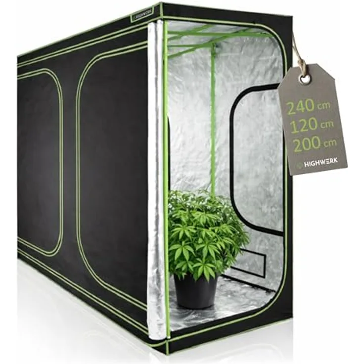 HIGHWERK Growzelt "MyHomeGrow" 240 x 120 x 200 cm, Indoor Zuchtzelt mit hochreflektierender Folie, schwarz grün