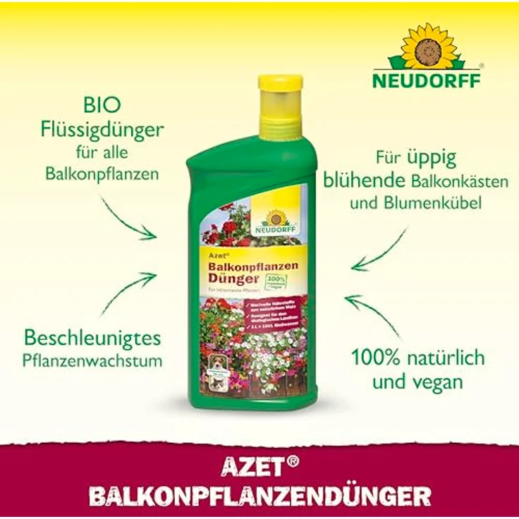 Neudorff Azet BalkonpflanzenDünger 1L, 100 % organischer und veganer Flüssigdünger für üppige Balkonkästen und Kübel, mit praktischem Dosierbecher – Bild 2