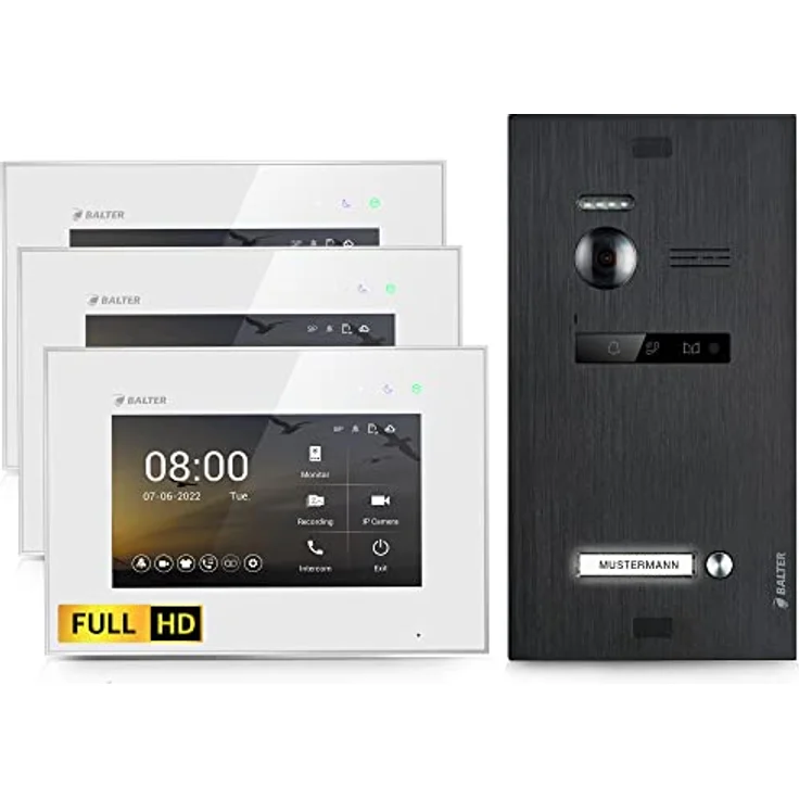 Balter Video-Türsprechanlage EVO HD, 3x 7-Zoll Monitore, Full HD, 2-Draht, Schwarz (Komplettset) – Bild 1