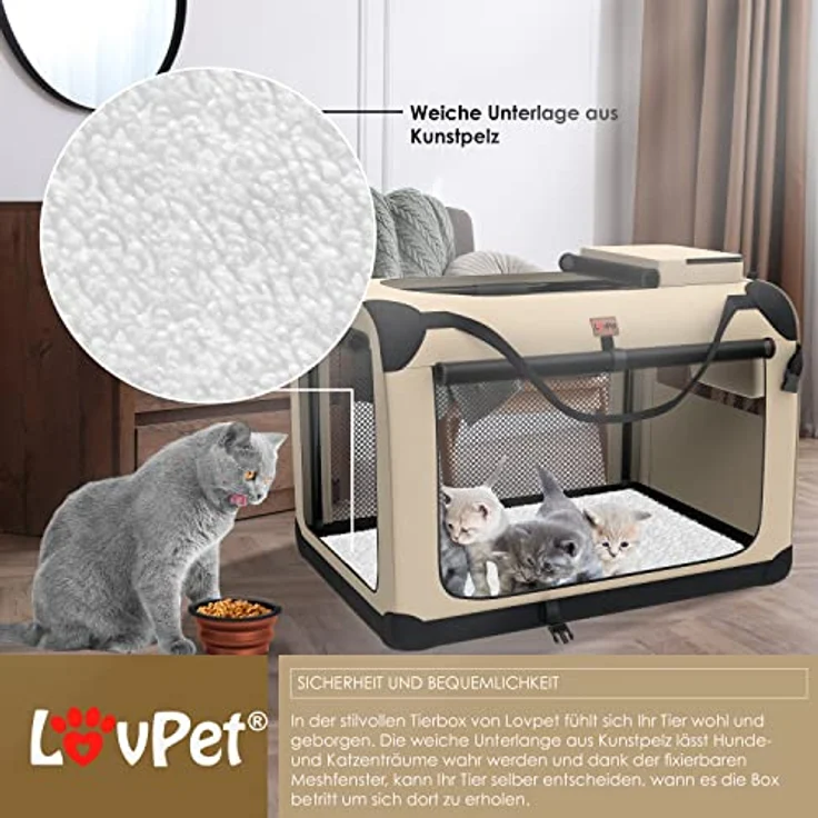 LOVPET® Hundebox Hundetransportbox faltbar Inkl.Hundenapf L 70x52x52cm Transporttasche Hundetasche Transportbox für Haustiere, Hunde und Katzen Haustiertransportbox Beige – Bild 4