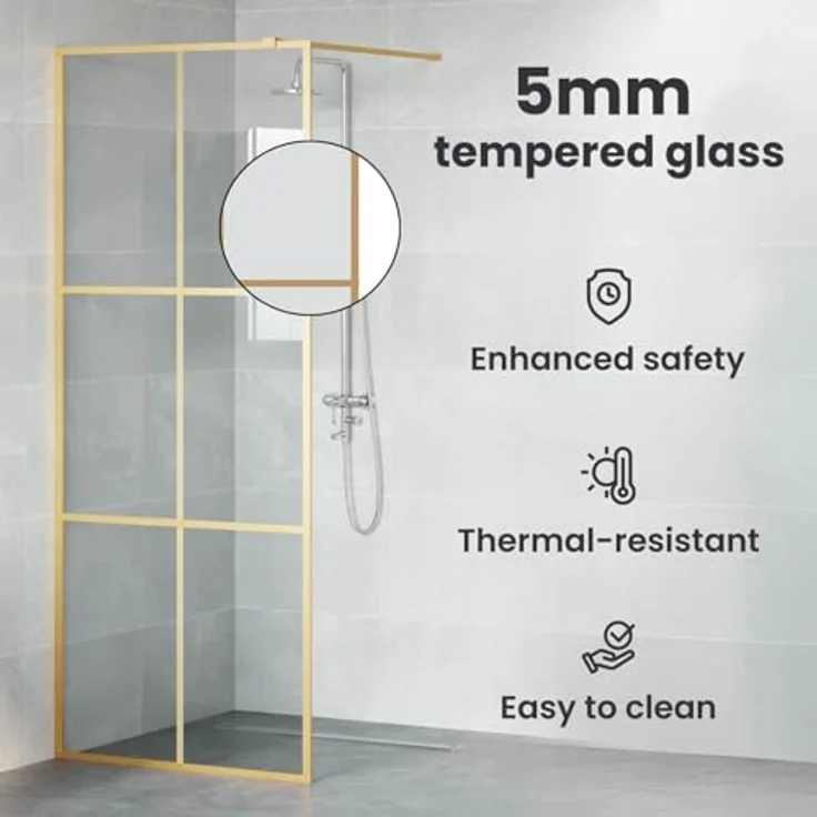 vidaXL Walk-in Duschwand Gold, 100 x 195 cm, gehärtetes Glas mit verstellbarem Rahmen und stabiler Stütze – Bild 5