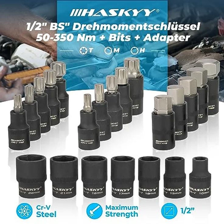 HASKYY Drehmomentschlüssel Set 1/2" 50-350 Nm Auto PKW KFZ Verlängerungsstange Bits Nüsse Werkstatt Service Werkzeug Satz – Bild 4