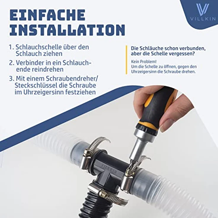 Villkin T-Schlauchverbinder Set 32mm, T-Stück Adapter mit 3 Edelstahl-Schlauchschellen für Pool, Teich & Pumpen – Bild 5