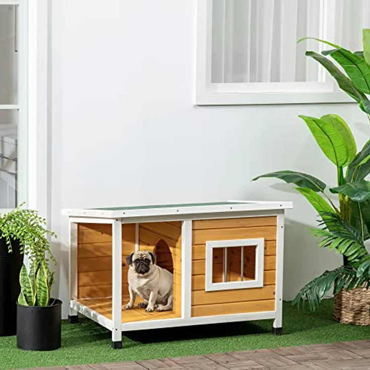 PawHut Hundehütte, Tannenholz, Hundehaus mit Terrasse und aufklappbarem Asphaltdach, Hütte für kleine Hunde, Indoor, Outdoor, wetterfest, Orange, 85,5 x 62 x 60 cm – Bild 2