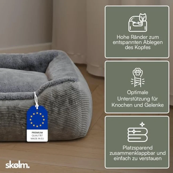 skølm Kuscheliges Hundebett Eir mit abnehmbaren Bezug, Hundekorb waschbar für kleine und mittelgroße Hunde, Hundekissen, Hundekörbchen Hundesofa 90x65 cm, Cordstoff grau – Bild 3