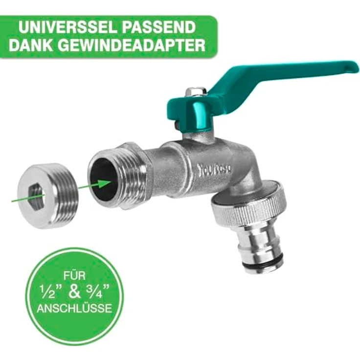 YourCasa® Wasserhahn Garten 1/2 Zoll & 3/4 Zoll aus Messing inkl. Schlauchanschlss & Dichtband - Wasserhahn Aussen Kugelhahn 1/2 Zoll Frostsicher - Garten Wasserhahn Auslaufhahn Regentonne (grün) – Bild 4
