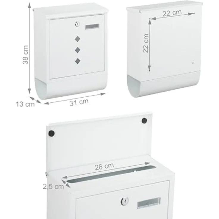 relaxdays Briefkasten mit Zeitungsfach, weiß, modernes Design aus pulverbeschichtetem Eisen, inkl. Zylinderschloss und Sichtfenster – Bild 4