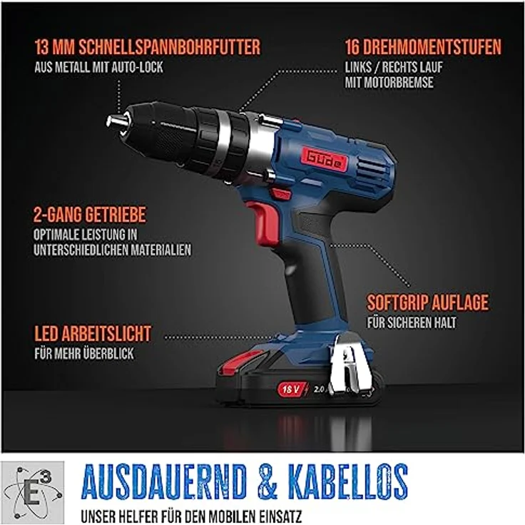 Güde 58504 BSB 18-201-30K Akku Schlagbohrschrauber (18V Akkusystem,16 Drehmomentstufen,2Ah Li-Ionen Batterie) – Bild 3