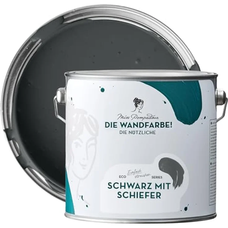 MissPompadour Wandfarbe Schwarz mit Schiefer, abwaschbare, scheuerbeständige Wandfarbe, hohe Deckkraft, 2,5 L, wasserbasiert – Bild 1